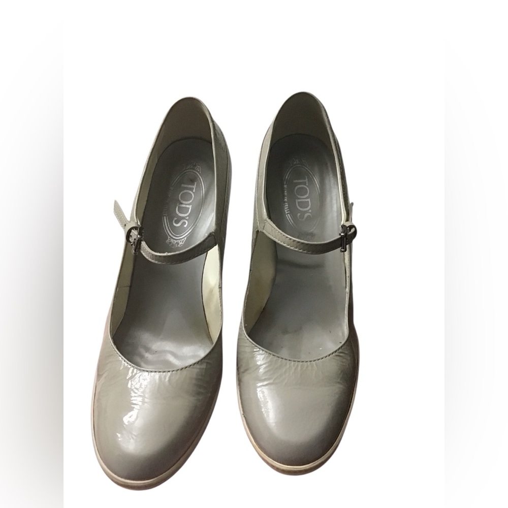 TOD'S Vintage Aspen Beige Patent Leather Ankle Strap Platform Pump